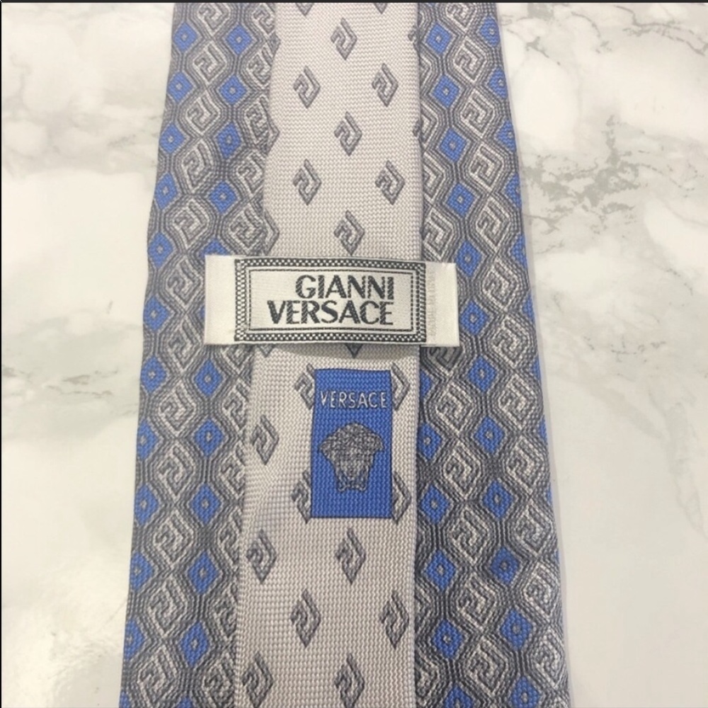 Versace Blue Grey Checkered Greek Key Print Tie